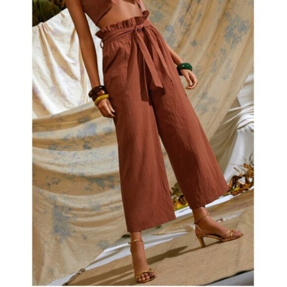 Blank NYC Wide Leg Paperbag Pants Linen Cropped Terracotta Rust Boho - Picture 1 of 7